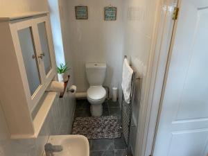 a small bathroom with a toilet and a sink at 3 Bed Ground Floor Apartment - Hot Tub Optional in Hythe