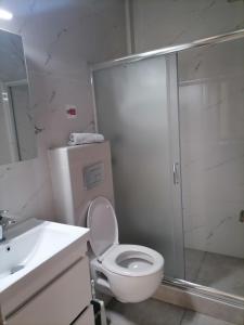 een witte badkamer met een toilet en een douche bij Petrani Suite 1 in Néa Péramos