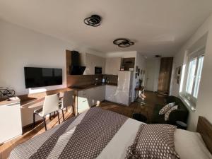 a bedroom with a bed and a desk and a kitchen at Studio apartman Pegi in Šimuni