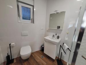 a white bathroom with a toilet and a sink at Studio apartman Pegi in Šimuni