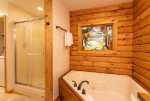 un baño con bañera y ducha de cristal en Blue Mist, en Blowing Rock 20 fotos más