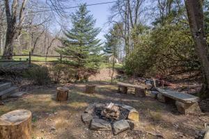 eine Feuerstelle mit Bänken und Baumstämmen in einem Park in der Unterkunft Happy Apple in Blowing Rock + 36 Fotos