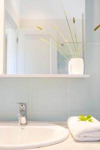 a bathroom sink with a vase on a mirror at Villa Thaleia in Sivota