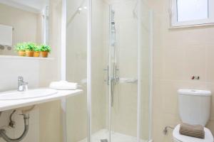 a bathroom with a shower and a toilet and a sink at Villa Thaleia in Sivota +31 photos