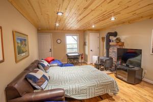a living room with a couch and a flat screen tv at Mountain Remedy in Blowing Rock