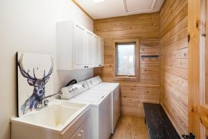 una lavanderia con lavatrice e asciugatrice bianche di Mountain Top Lodge a Beech Mountain Altre 37 foto