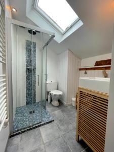 een badkamer met een douche, een toilet en een wastafel bij Maison bord de mer ・La côtière・ in Piriac-sur-Mer