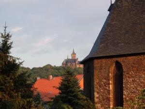 vistas a un edificio con un castillo en el fondo en Ferienwohnungen Pook, en Wernigerode