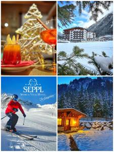 kolaż czterech zdjęć ośrodków narciarskich i osoby na nartach w obiekcie Sport- und Vitalhotel Seppl w mieście St. Leonhard im Pitztal