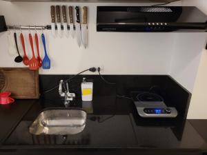encimera con fregadero y utensilios de cocina en Apartamento Premium em Pinheiros, en São Paulo