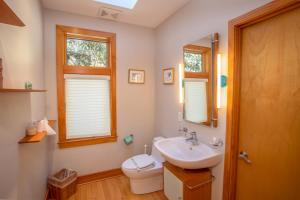 a bathroom with a sink and a toilet and windows at Snow Dog Lodge in Beech Mountain +41 photos
