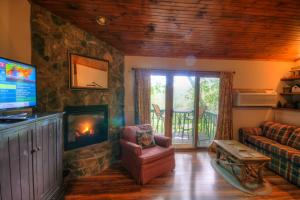 Una sala de estar con chimenea y un sofá. en Sleepy Hollow, en Boone