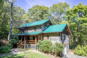 uma cabana de madeira com um telhado verde em The Berry Patch em Blowing Rock