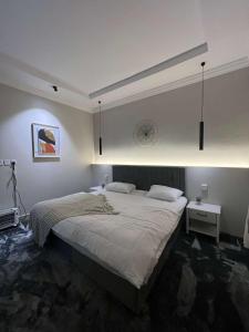 1 dormitorio con 1 cama grande en una habitación en دخول ذاتي - غرفة نوم وصالة جلوس (هادئة وخصوصية عالية), en As Sayl aş Şaghīr
