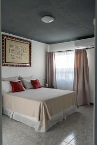 Un dormitorio con una cama con almohadas rojas y una ventana en Amplio, Verde y Privado. en Mendoza