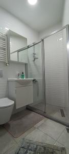 ein Bad mit einer Dusche, einem WC und einem Waschbecken in der Unterkunft Beşiktaş Merkez. in Istanbul