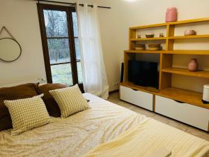 1 dormitorio con 1 cama, TV y ventana en Chambre privée avec coin wc lave main privatif en Grez-sur-Loing