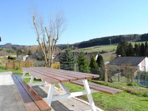 ゲロルシュタインにあるCharming Apartment in Gerolstein Germany with Large Verandahの木製のピクニックテーブル