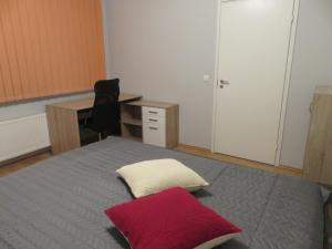 1 dormitorio con escritorio y 1 cama con 2 almohadas en Apartment Raatuse 82, Tartu kesklinnast 700m kaugusel, en Tartu