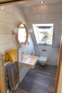 a small bathroom with a sink and a toilet at The Roost - a bird's eye view in the countryside in Cullompton