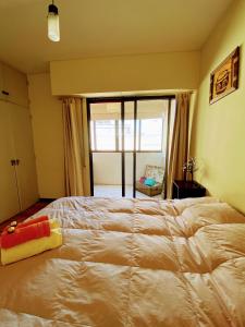 a bedroom with a large bed with a window at Pampa Downtown Lodge in Mendoza