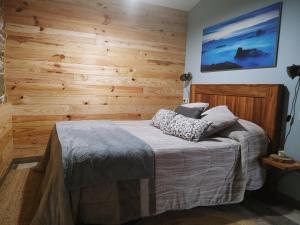 1 dormitorio con 1 cama con pared de madera en Casita vacacional 5 rutas en el rural Costa Da Morte, en A Coruña