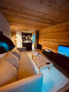 a living room with a couch and a tv at Romy appartement centre village in Megève