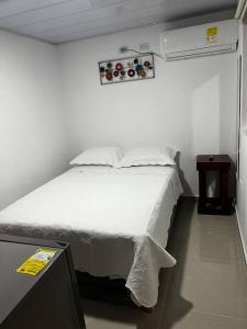 Un pat sau paturi într-o cameră la Habitación confortable y terraza Hamacas Coveñas