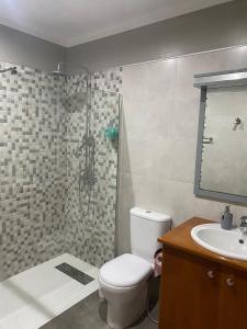 a bathroom with a shower and a toilet and a sink at Barrosa House in Vila Praia de Âncora