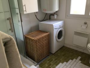 une petite salle de bains avec un lave-linge. dans l'établissement Appartement fond de jardin rez-de-chaussée, à Palaiseau