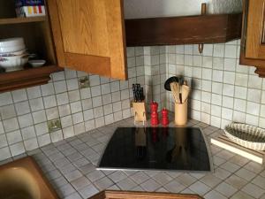 - une cuisine avec un comptoir et des ustensiles dans l'établissement Appartement fond de jardin rez-de-chaussée, à Palaiseau 6 autres photos