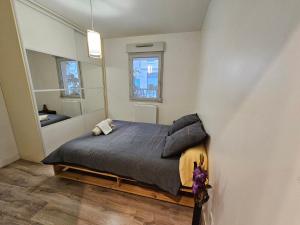 1 dormitorio con cama y espejo en T2 Parc & Cité Internationale en Caluire-et-Cuire