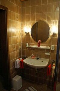 W łazience znajduje się umywalka i lustro. w obiekcie Bayerischer Hof w mieście Amorbach