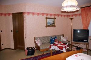 a living room with a couch and a tv at Bayerischer Hof in Amorbach