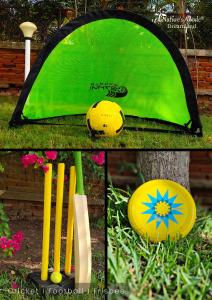a collage of three pictures of cricket balls and bats at Dreamland by Nature's Abode® Villas in Ahmedabad