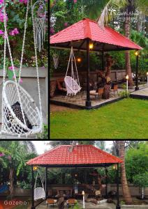 two pictures of a gazebo with a swing at Dreamland by Nature's Abode® Villas in Ahmedabad