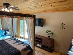 1 dormitorio con 1 cama y ventilador de techo en Wonderful cabin tucked in the woods /w Hot tub, en Mountain City