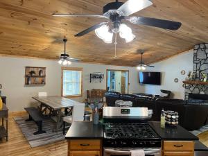 cocina y sala de estar con ventilador de techo en Wonderful cabin tucked in the woods /w Hot tub, en Mountain City