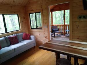 una sala de estar con sofá y mesa en una cabaña en Two Rivers Cabins - The Mountaintop en Brevard