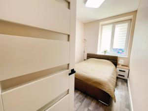 a bedroom with a bed and a window at Sodu apartment in Kaunas