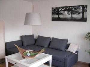 ein Wohnzimmer mit einem blauen Sofa und einem Tisch in der Unterkunft Haus Ellbogen in Momlingen