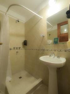 y baño con lavabo y ducha. en Blanc Hotel Boutique en Salta