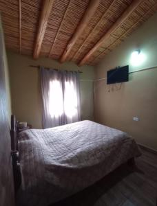 a bedroom with a bed with a television and a window at Cabaña la Encantada in Humahuaca