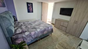 een woonkamer met een bed en een televisie bij Aparta Estudio Completo - Ibagué - parqueadero para MOTO - Bambú in Ibagué