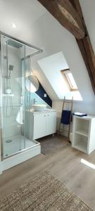 a bathroom with a glass shower in a attic at Duplex contemporain dans maison du XVIIème siècle in Fougères