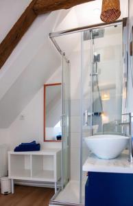 a bathroom with a glass shower with a sink at Duplex contemporain dans maison du XVIIème siècle in Fougères