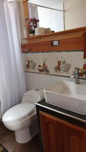 y baño con aseo blanco y lavamanos. en La Cabaña de Mari en Oxapampa