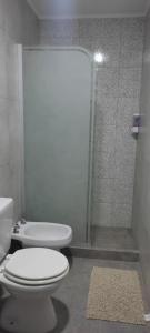 a bathroom with a white toilet and a shower at Caseros in General Alvear