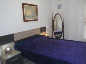 デニアにあるApartamento Mare Nostrumのベッドルーム(紫色のベッド1台、鏡付)