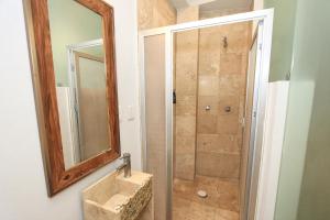 een badkamer met een douche, een wastafel en een spiegel bij Hotel Grand Guanajuato in Guanajuato